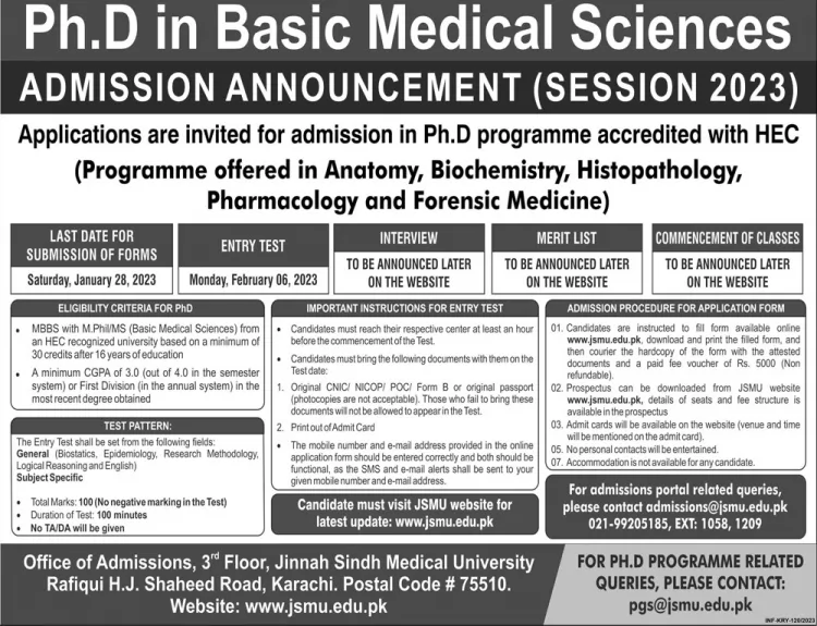 Jinnah Sindh Medical University Phd Admissions 2023 Rezult Pk Get